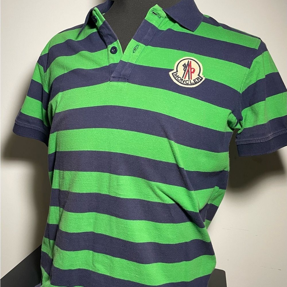 Moncler Green and Navy Striped Polo Shirt